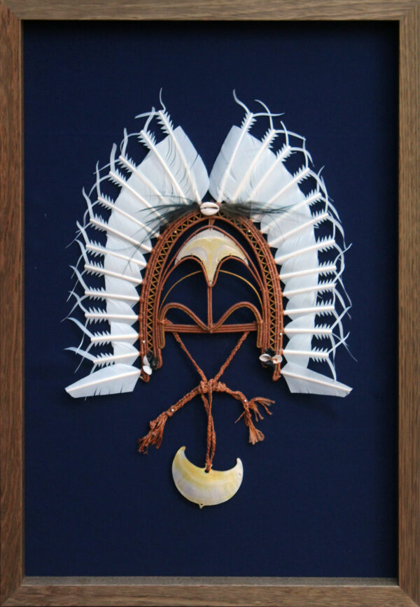 Framed Dhoeri headdress with white feathers, woven cane frame and crescent pearl shell pendant